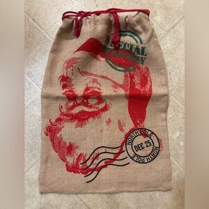 Jolly Santa Claus 100% Jute Christmas Sack Red & Tan w/ green & black accents